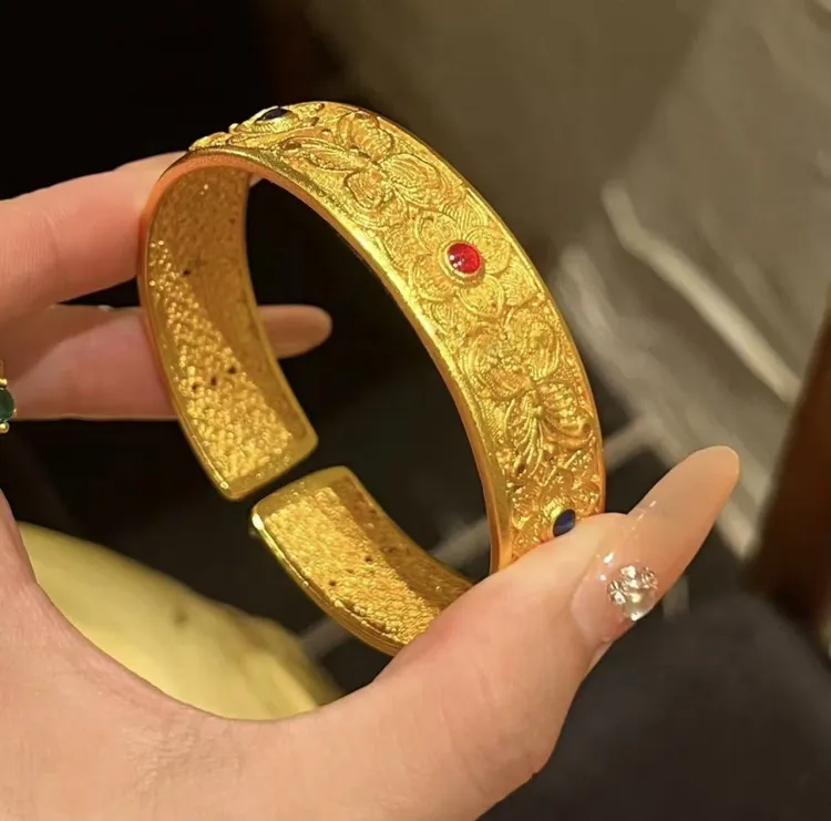 铜合金手镯 新中式古法宽面花丝蝶恋花手镯女百搭镂空镯子