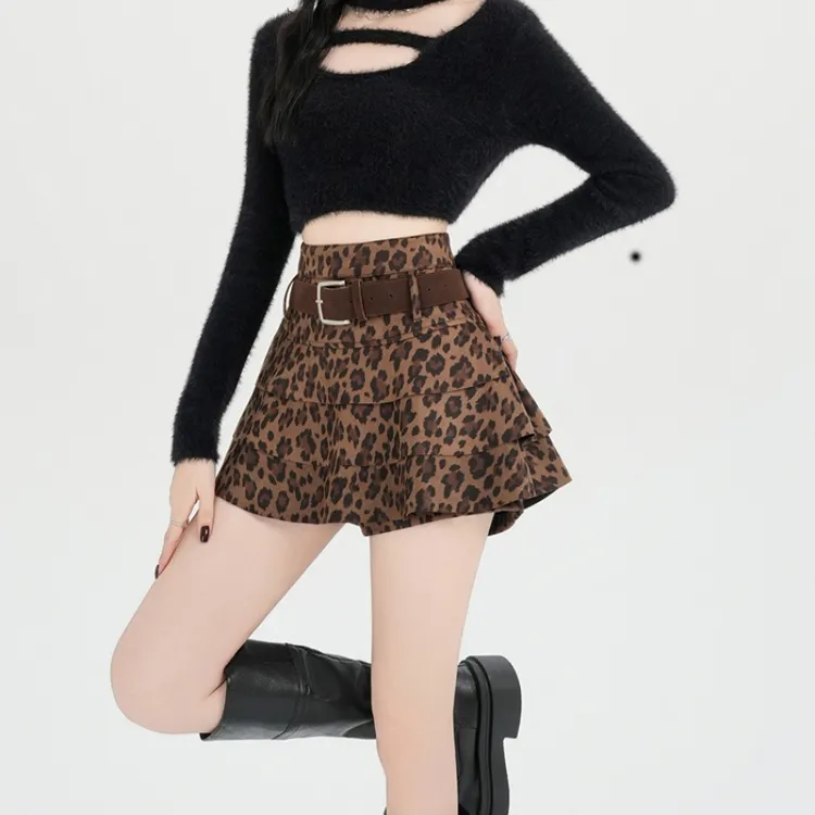 2025秋冬新款韩版豹纹高腰A字蛋糕半身裙松紧腰时尚辣妹短裙裤潮