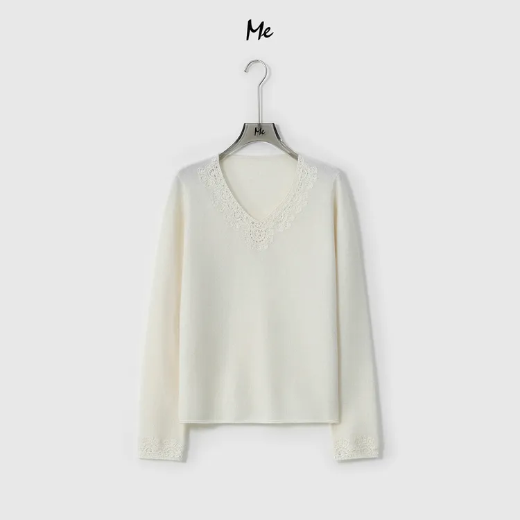 ME【浮花雪顶衫】超细美利奴绵羊毛V领手工钩花亲肤毛衣MESA5940
