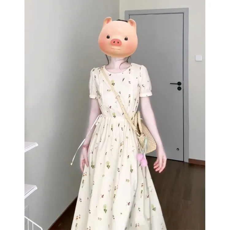 连衣裙女2025夏季新款法式气质圆领碎花短袖收腰显瘦中长款裙子