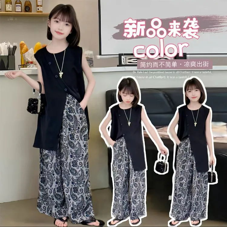 女童夏季无袖套装2025新款慵懒风母女装气质阔腿裤套装两件套
