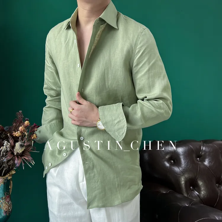 Agustin_Chen【100%亚麻】温莎领休闲老钱衬衫男士修身意式绅装衬衣