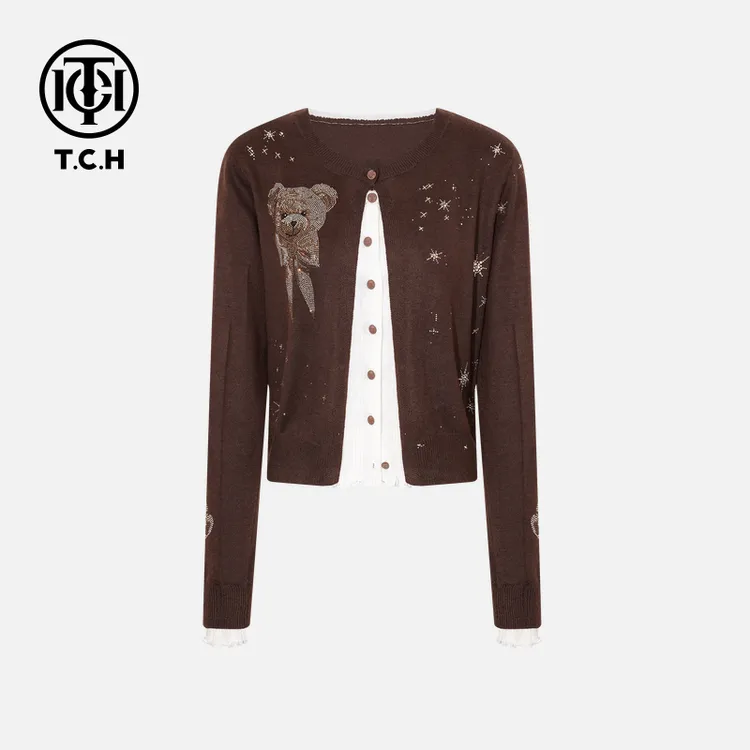 TCH私服秋冬网红感烫钻时尚淑女咖色针织开衫T75D09E1047轻奢tch