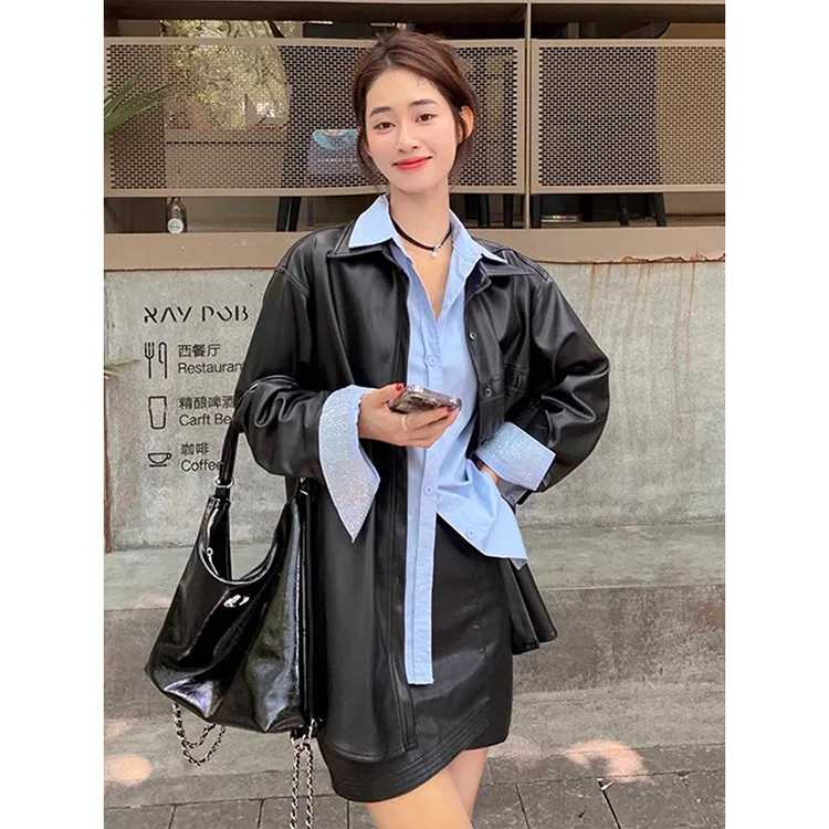 黑色PU皮衣外套女早秋季2024新款美式复古高级感工装机车夹克上衣