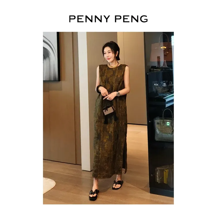 PENNYPENG敦煌壁画100桑蚕丝气质金绿色设计感香云纱真丝连衣裙