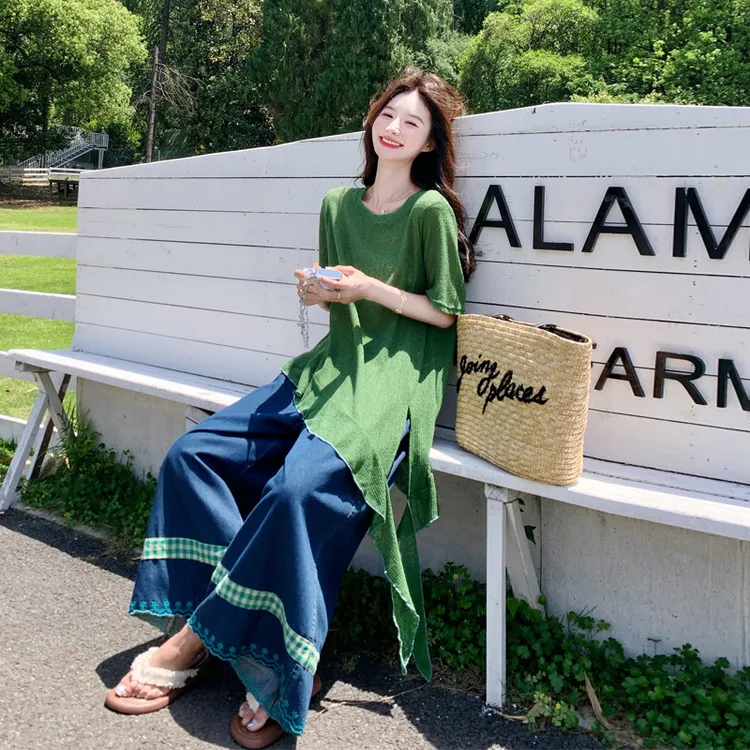 复古韩系小清新套装裤女2025夏季新款超显白不规则T恤牛仔阔腿裤