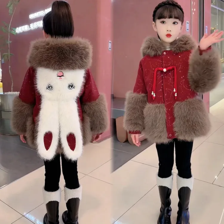 女童冬季加绒仿皮草外套2025新款女孩洋气安哥拉红加厚毛毛衣冬款