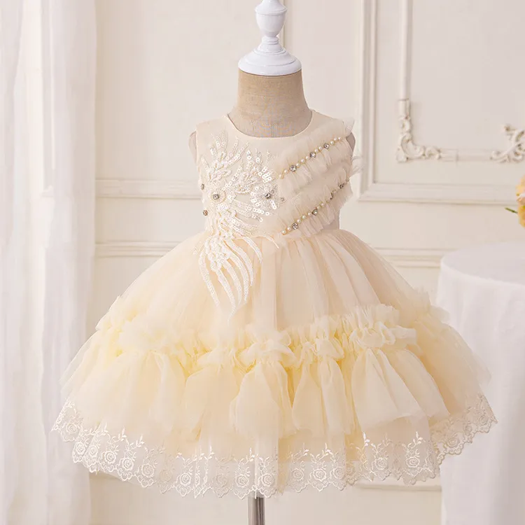 短款网纱礼服裙无袖花纹公主裙结生日派对女童公主裙