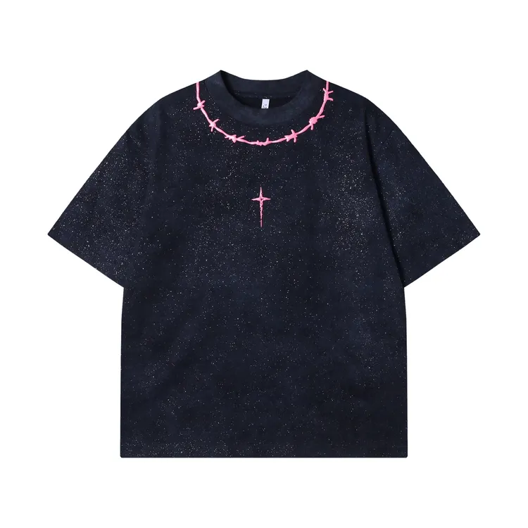 夏季高级感新款潮牌满天星撞色十字印花圆领短袖T恤百搭情侣上衣