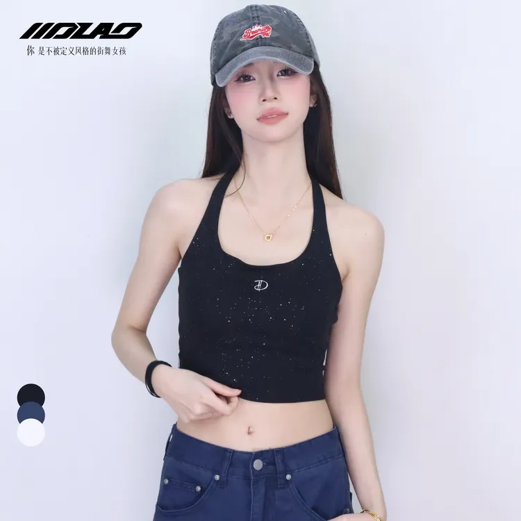 大佬妙闪粉挂脖背心辣妹无袖短款打底上衣显瘦百搭通勤9598