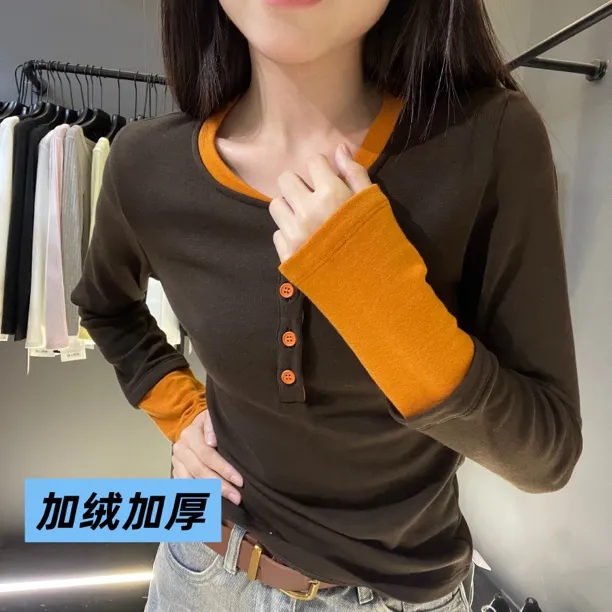 撞色拼接假两件加绒磨毛长袖T恤女秋冬显瘦打底衫上衣潮601#