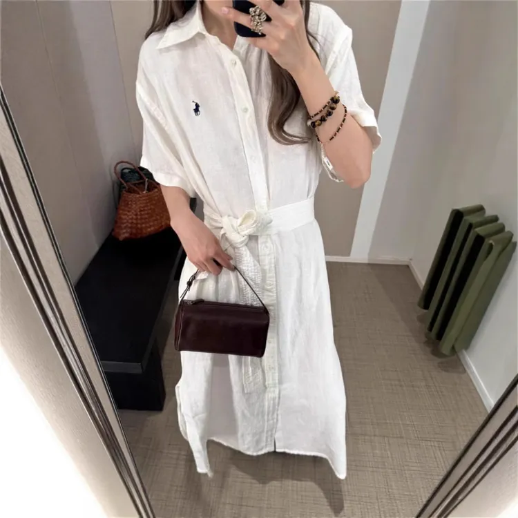 拉夫家小马刺绣新款宽松版腰带收腰系带100亚麻短袖连衣裙女夏