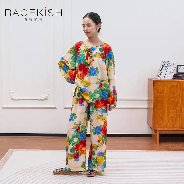 Racekish秋季新款碎花透气睡衣家居服套装女士印花长袖家居服