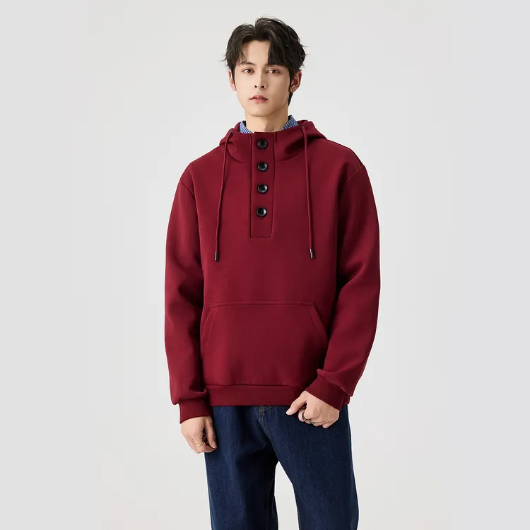 仓石一树本命年酒红色连帽卫衣男秋冬新款休闲宽松加绒高级感外套