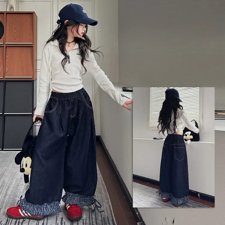 童装女童牛仔裤2025秋季新款脚口拼接格子阔腿裤儿童休闲裤套装