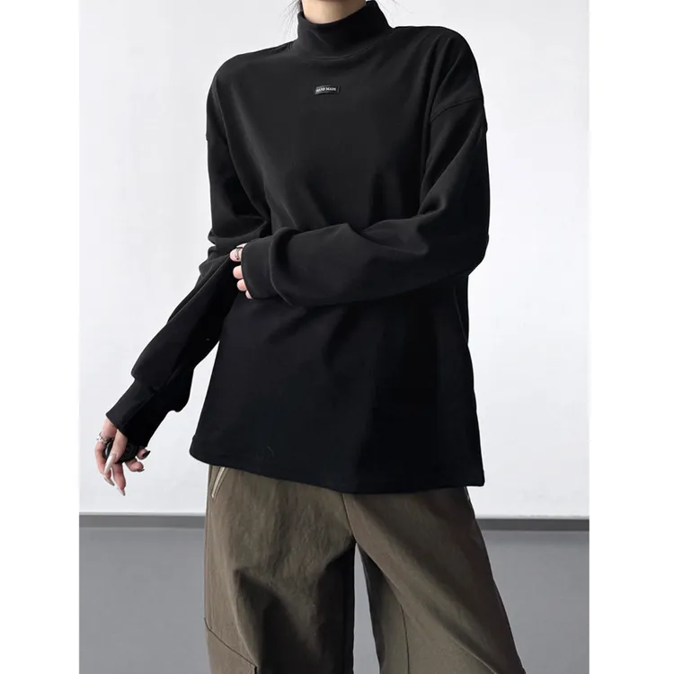 美式黑色打底衫女2025冬季新款宽松百搭高级感打底衫字母印花上衣