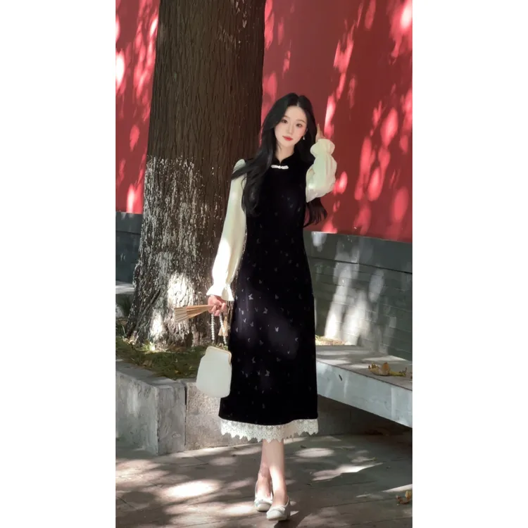 鹿向南【清风墨白】新中式假两件连衣裙女2025秋季新款气质长裙