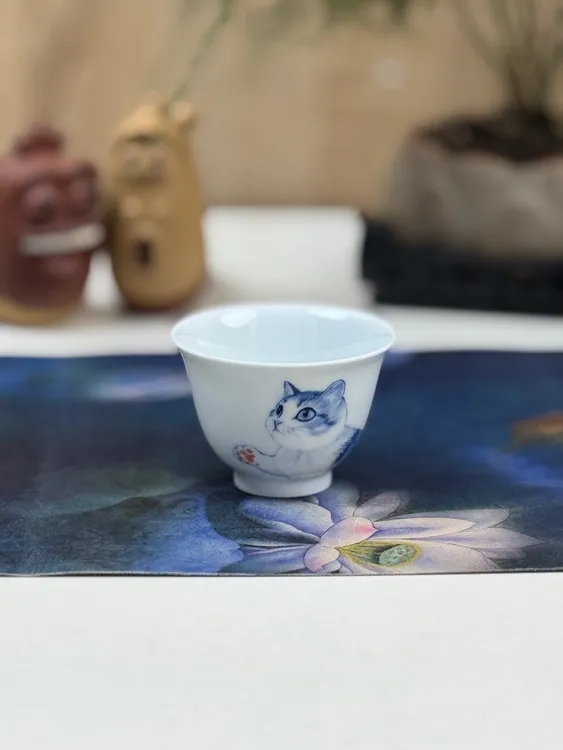青花猫咪撇口杯0005手绘主人杯陶瓷