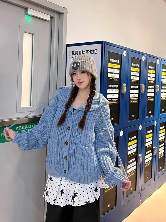 韩系设计感连帽针织毛衣女2025秋季新款宽松时尚慵懒显瘦开衫上衣