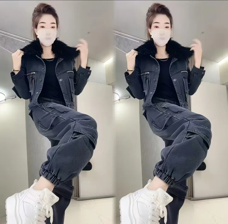 时尚套装女冬季新款欧货洋气大毛领机车服加棉牛仔外套加绒束脚裤