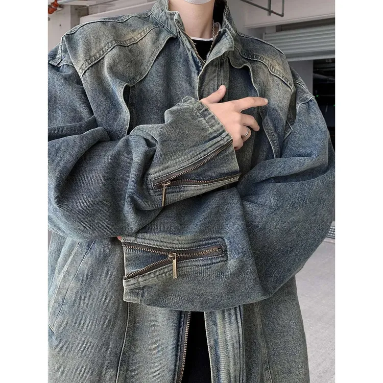 FAVMARTHA重磅解构牛仔外套男高级感痞帅宽松美式复古立领拉链夹