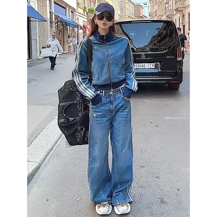 港风复古牛仔套装女2025秋季超火潮流三条杠立领外套阔腿裤两件套