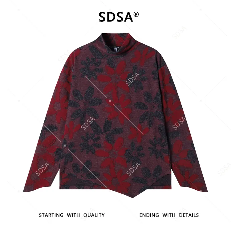 SDSA男士秋冬新款痞帅男装韩版撞色植物花卉半高领长袖T恤百搭潮