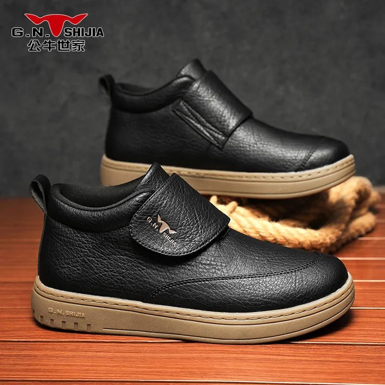 公牛世家一脚蹬休闲鞋男冬季高帮男鞋潮流复古工作男士皮鞋乐福鞋