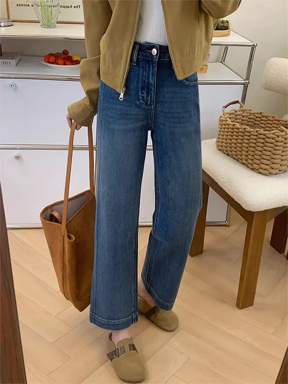 蓝色直筒牛仔裤女春季新款大码胖妹妹高腰宽松显瘦梨形身材阔腿裤