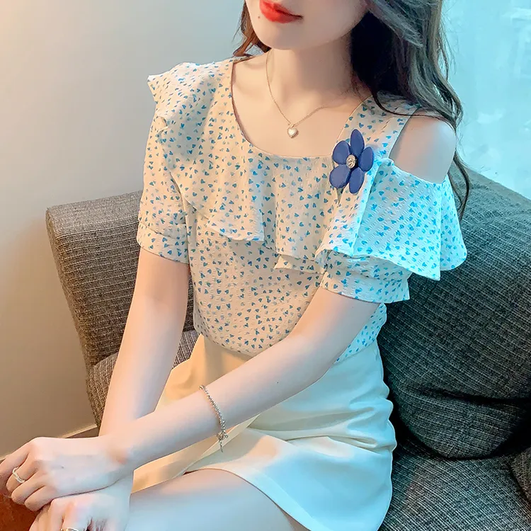 荷叶边露肩衬衫女夏季2025年新款设计感甜美宽松碎花短袖雪纺上衣