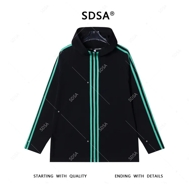 SDSA男士2025新款轻奢痞帅男装撞色3条杆设计长袖连帽T恤复古潮