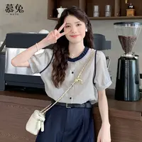 慕兔法式小香风条纹短袖衬衫女夏2025新款设计感小众宽松显瘦上衣