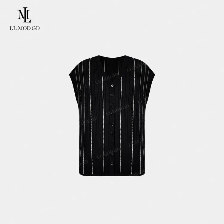 线迹诗 轻奢复古V领竖条纹撞色飞飞袖莱赛尔短袖针织衫XR-262711