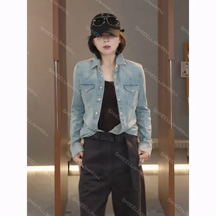 SHIIEELL老钱风靛蓝水洗棉质按扣衬衣时尚休闲牛仔长袖衬衫Z1589