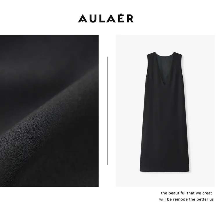 AULAER/澳拉尔极简风V领无袖后开叉连衣裙ALE15514