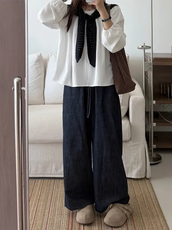 大码松弛感休闲阔腿牛仔裤女胖妹妹mm宽松显瘦日系九分棉麻奶奶裤