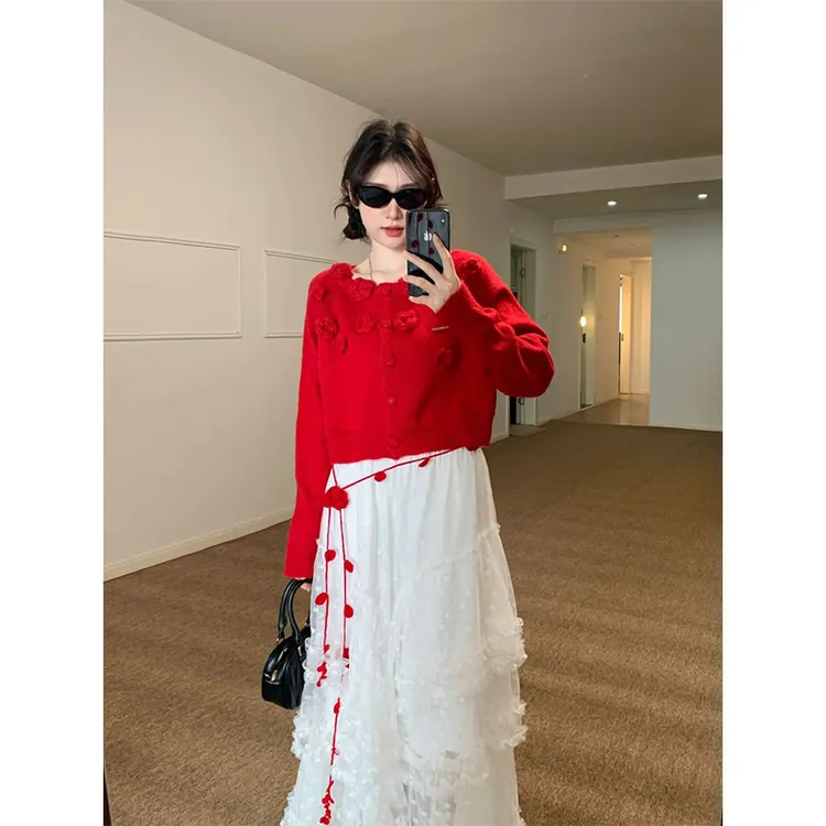 轻熟风立体玫瑰花短款长袖开衫毛衣高腰显瘦垂感休闲蕾丝半身裙女