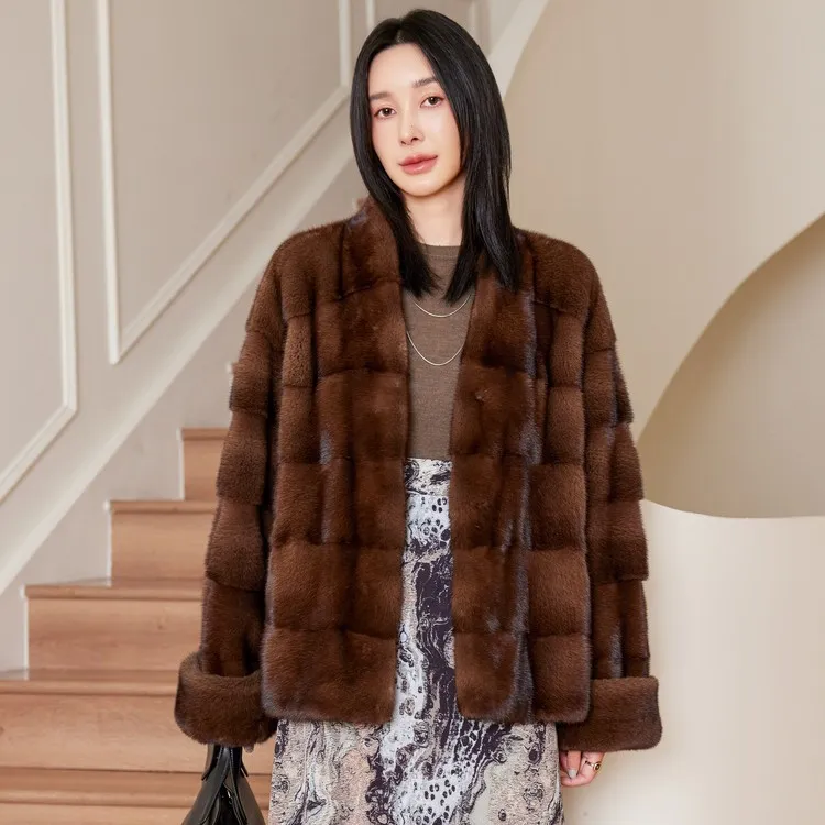 【东方雪宝】2025新款横排轻奢进口水貂外套中长款V领长袖咖啡短款