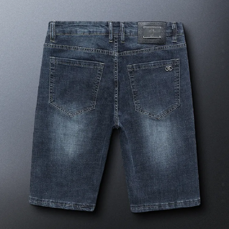 约文库费高端时尚春夏季男款牛仔短裤深蓝色弹力直筒中裤宽松五分