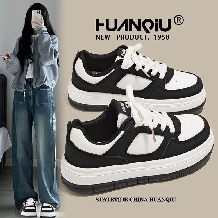米莱Jiaer/环球黑白板鞋女2025新款厚底休闲鞋小众百搭学生熊猫鞋