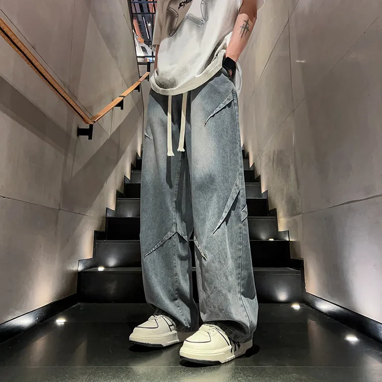 莱赛尔弯刀男款夏季薄款冰丝垂感潮牌高街阔腿裤宽松直筒牛仔裤