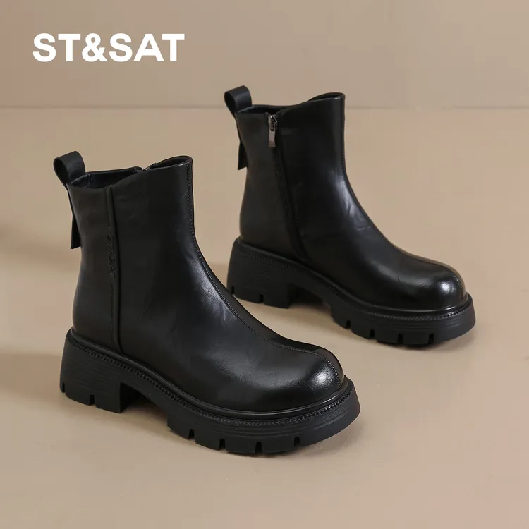 星期六女鞋旗舰店马丁靴短靴2025秋冬加绒瘦瘦靴子切尔西短靴粗跟