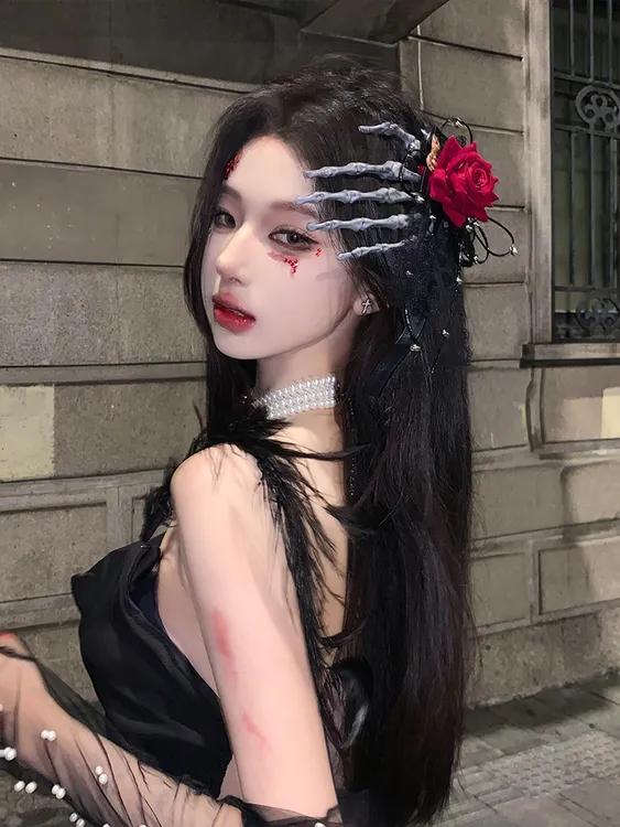 洛丽塔头饰cos暗黑哥特酒红玫瑰骷髅手指发夹万圣节发饰道具装扮