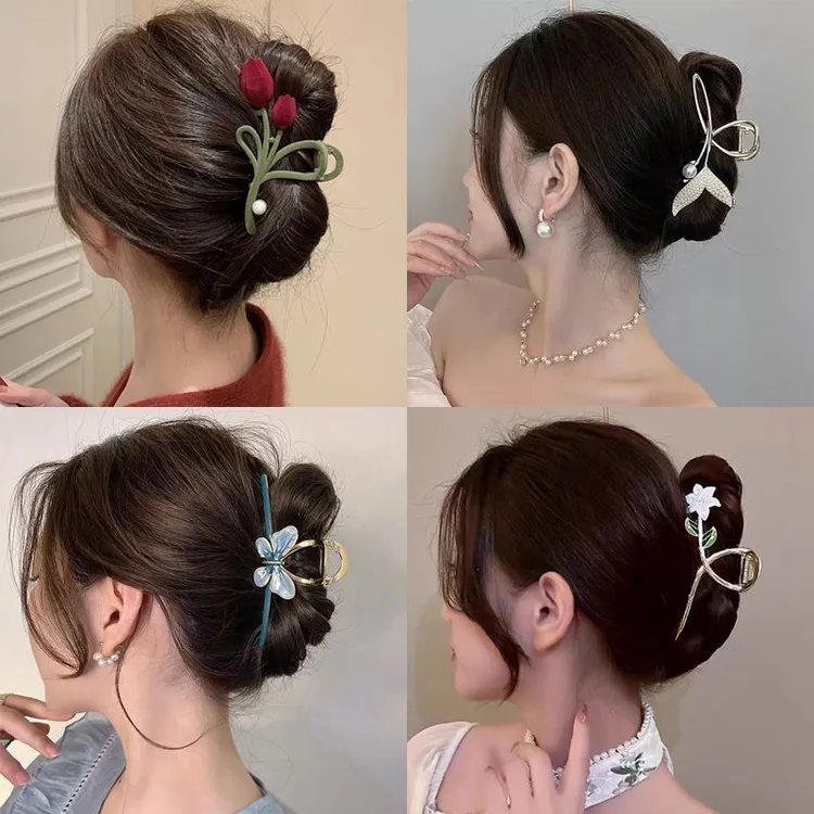 抓夹大号金属高颜值植绒郁金香后脑勺发量多抓夹女春夏鲨鱼发夹女