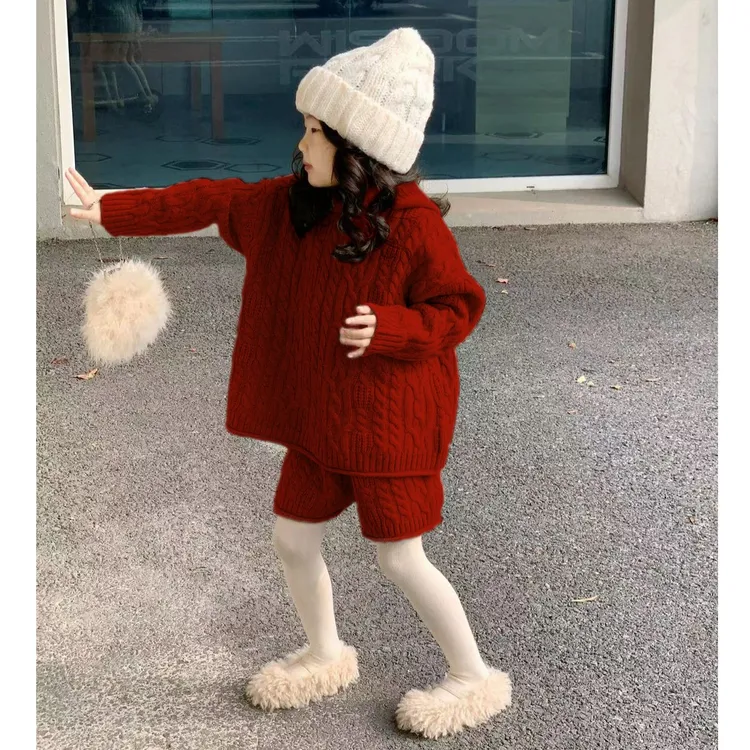 拜年服童装女童红色新年套装秋冬新款洋气儿童毛衣圣诞针织两件套