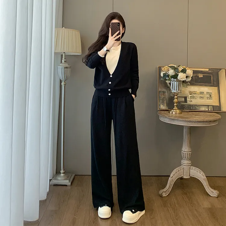 轻熟穿搭一整套女2025秋季韩风显瘦黑色长袖上衣阔腿裤休闲两件套