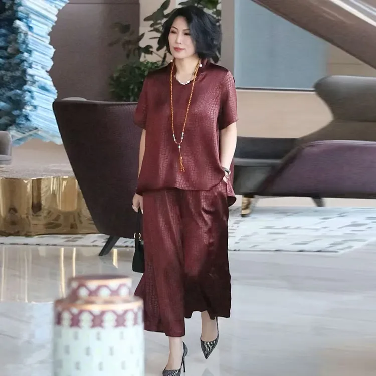 高档女装两件套夏季新款大码200斤胖妈妈宽松遮肚上衣阔腿裤套装