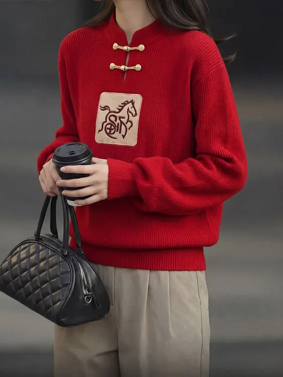 2025冬季爆款新中式本命年红色针织毛衣女气质减龄立领长袖设计感