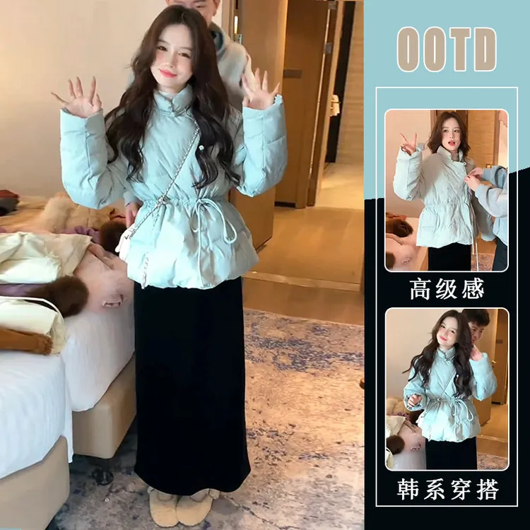 秋冬款时尚高级感立领盘扣系带棉服外套收腰显瘦黑色半身裙两件套