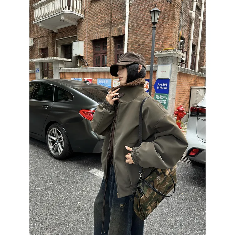 NEW 10.28杨九七复古棕色羊羔毛裥棉外套女秋冬宽松百搭上衣74018